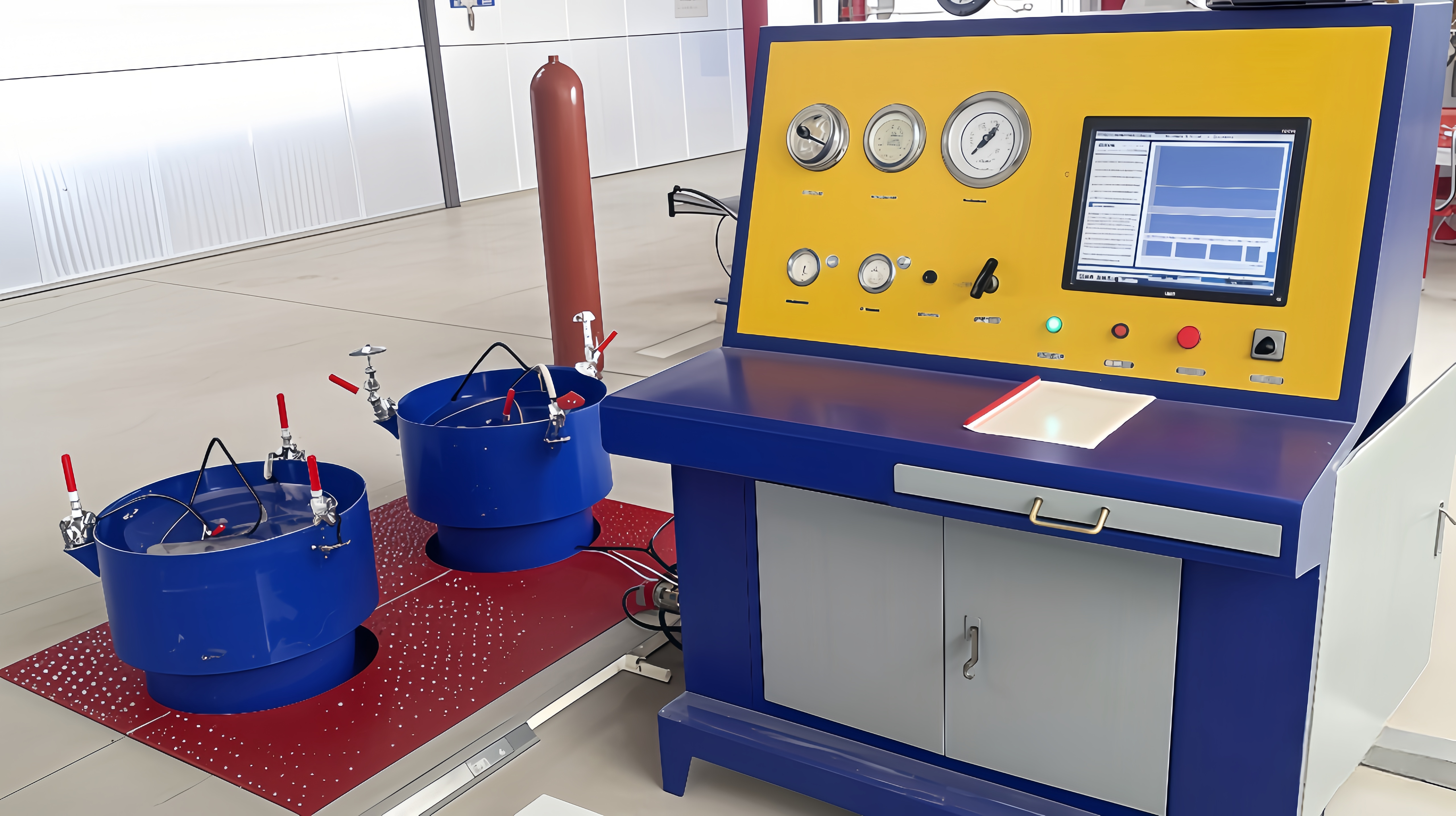 1.Testing pressure: 0 - 30MPa; (The specific parameters shall be subject to the provisions of the contract between the two parties)
2.Testing range: Outer diameter of the gas cylinder: 219 - 460mm; Length: 500 - 2100mm;
3.Working medium: Water
4.Maximum designed pressure: 60MPa
5.Air source pressure: 0.5 - 0.8MPa;
6.Air consumption: ≥1m³/min;
7.Power supply voltage: 220V / 50Hz;
8.Sensor accuracy: ≤5‰
9.Electronic balance accuracy: ≤0.1g
10.Double carbon steel water jackets. The water jackets adopt airbag-type sealing devices.